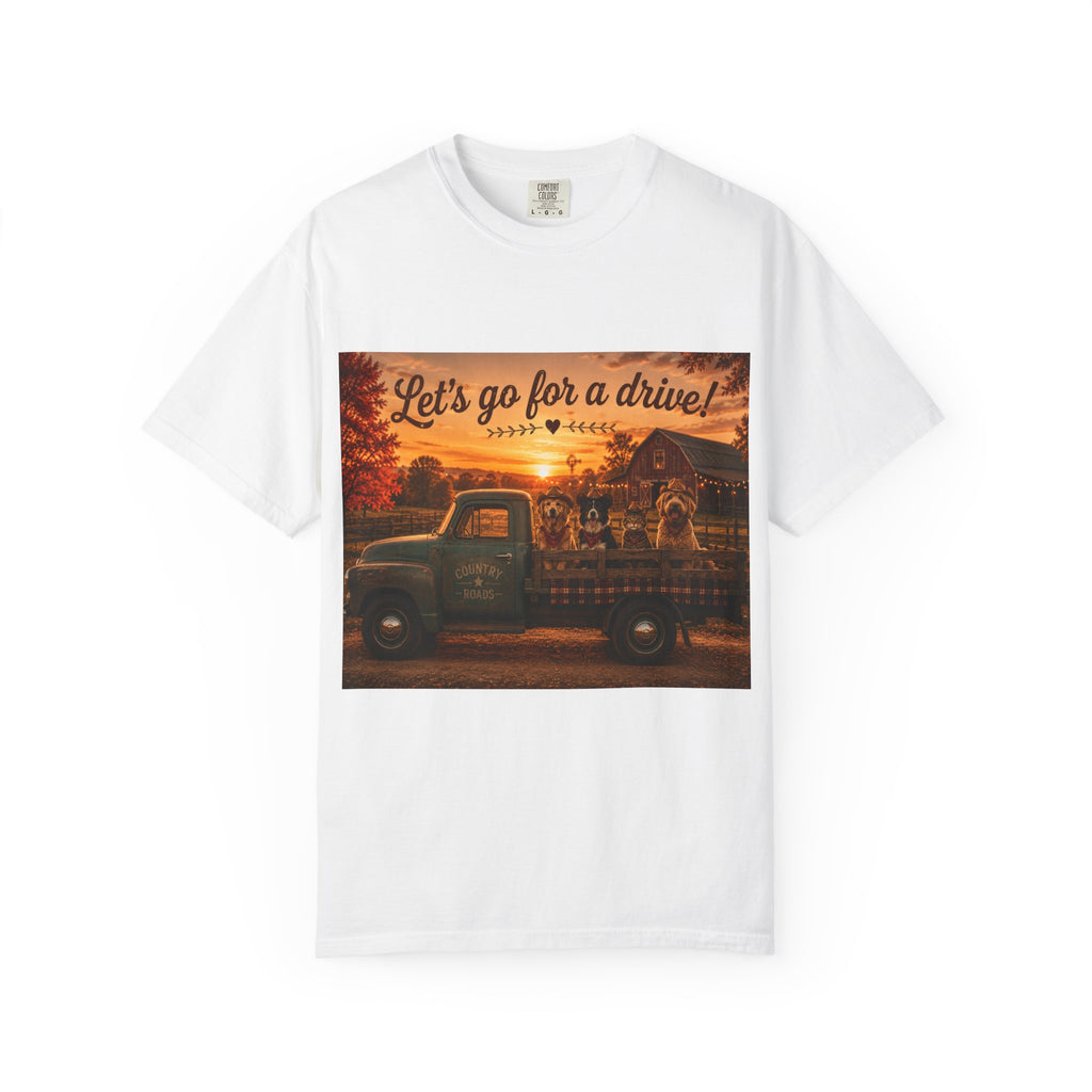 Let's Go for a Drive! | Barn Buddies™ Country Roads T-Shirt | Funny Dog & Cat Fall Shirt | Vintage Farmhouse Autumn Tee