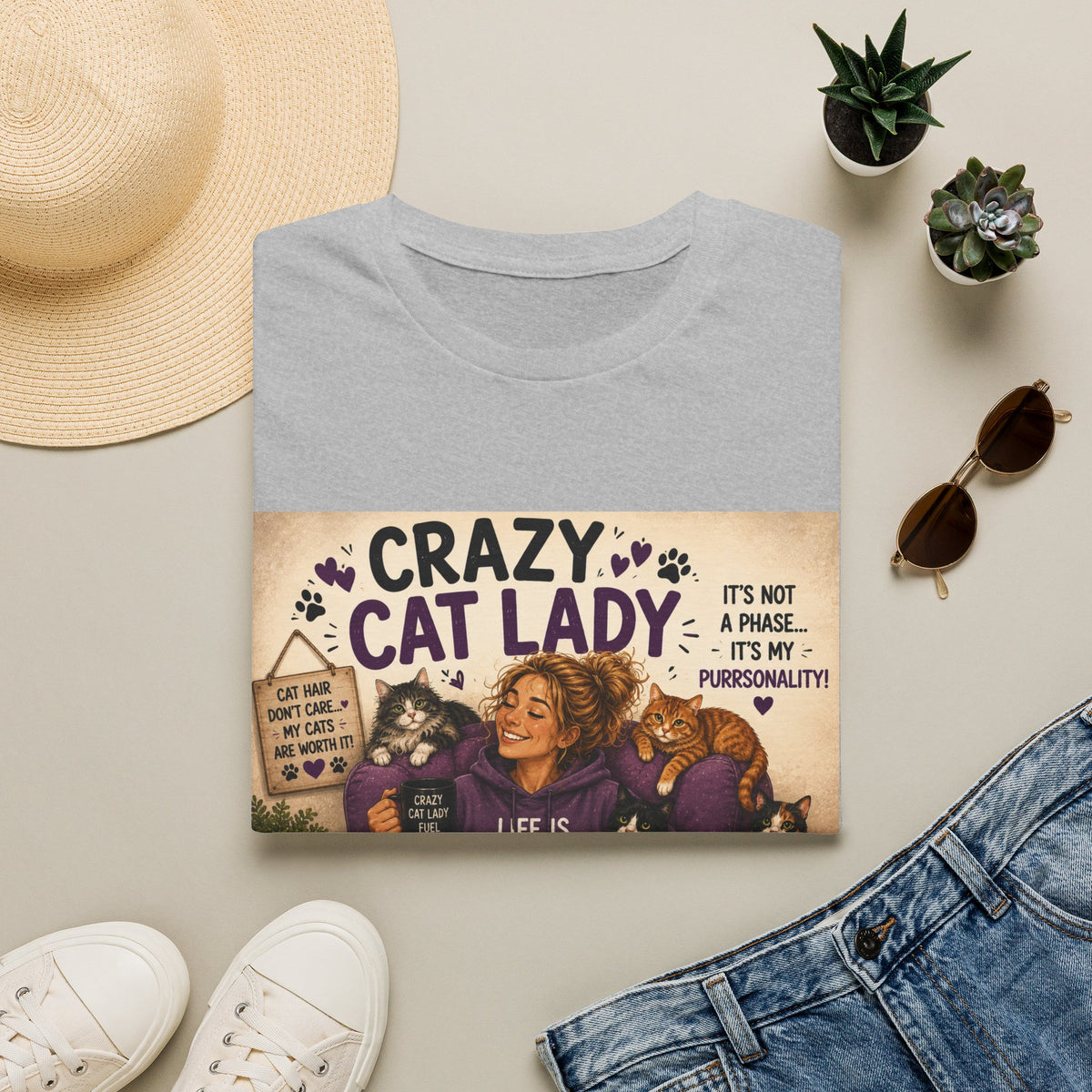 Crazy Cat Lady T-Shirt — "It's Not a Phase, It's My Purrsonality" Cat Mom Tee