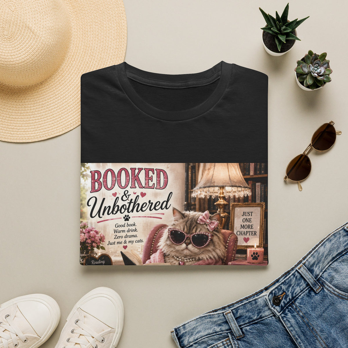 Booked & Unbothered | Classy Cats™ T-Shirt | Funny Reading Cat Shirt | Book Lover Gift | Cat Mom Tee | Cozy Reader Apparel