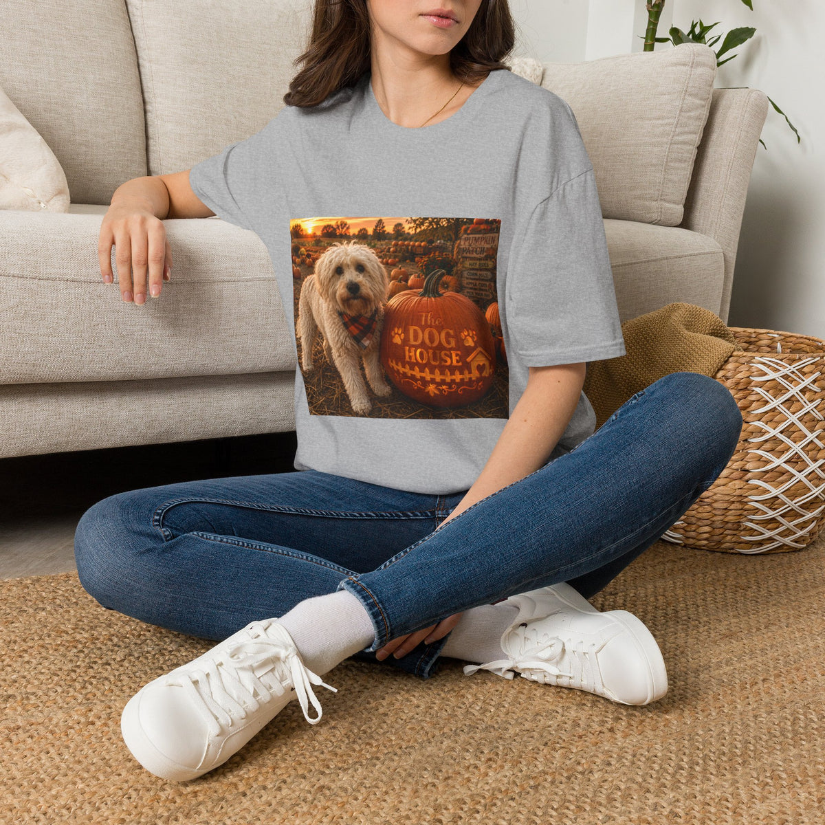 Welcome to The Dog House™ Pumpkin Patch | Maddie's Fall Pumpkin T-Shirt | Cozy Autumn Dog Lover Shirt