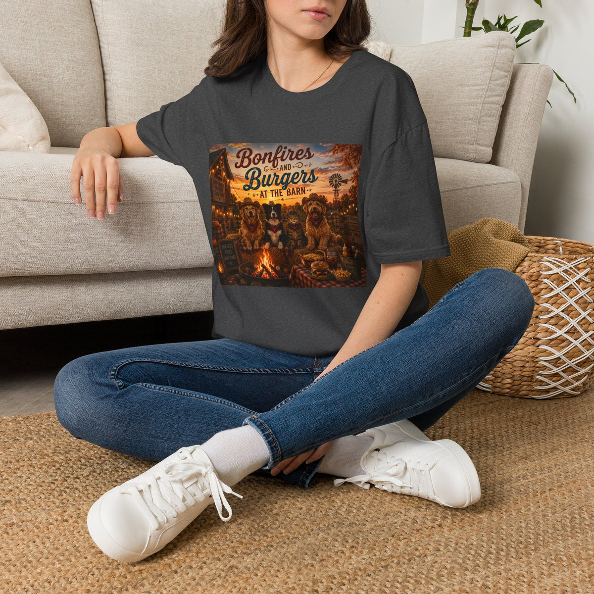 Bonfires & Burgers at the Barn | Barn Buddies™ Fall T-Shirt | Funny Country Dog & Cat Autumn Shirt | Farmhouse Bonfire Tee