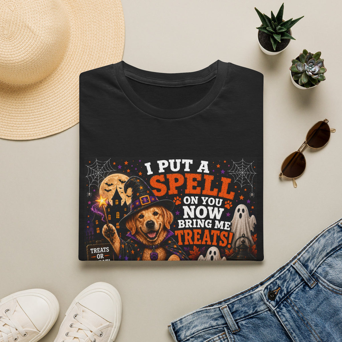 Funny Halloween Dog Shirt – I Put a Spell on You, Now Bring Me Treats! | Cute Witch Dog T-Shirt | Halloween Dog Lover Tee | Fall Graphic Shirt | Dog Mom Gift