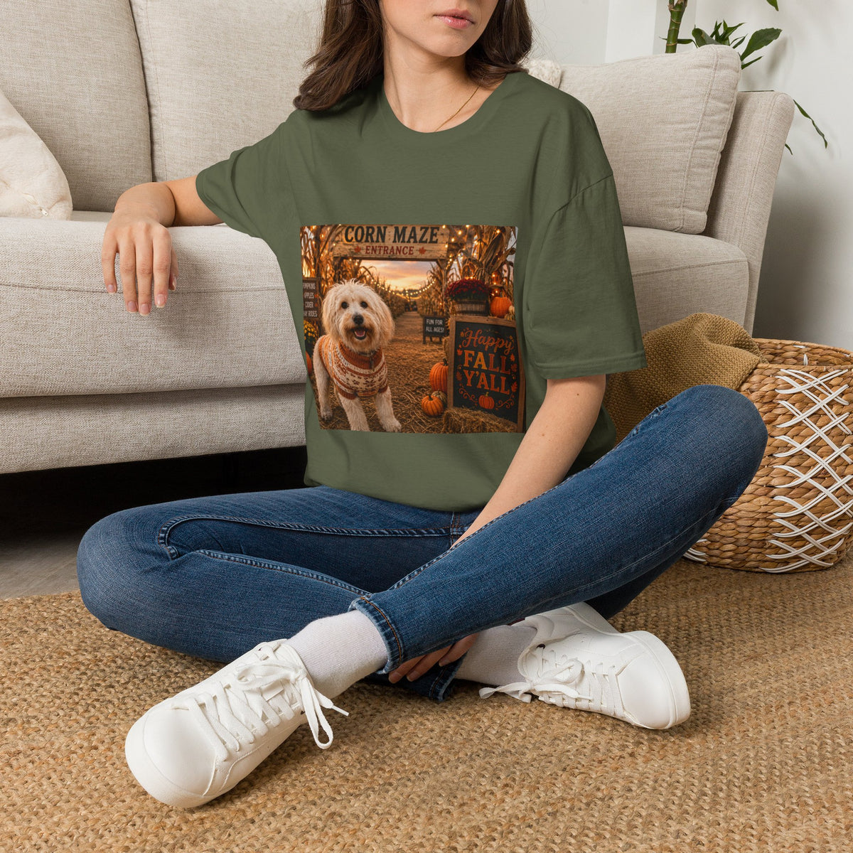 Happy Fall Y'all | Maddie's Corn Maze Adventure™ | Cozy Autumn Dog Lover T-Shirt | Fall Festival Shirt