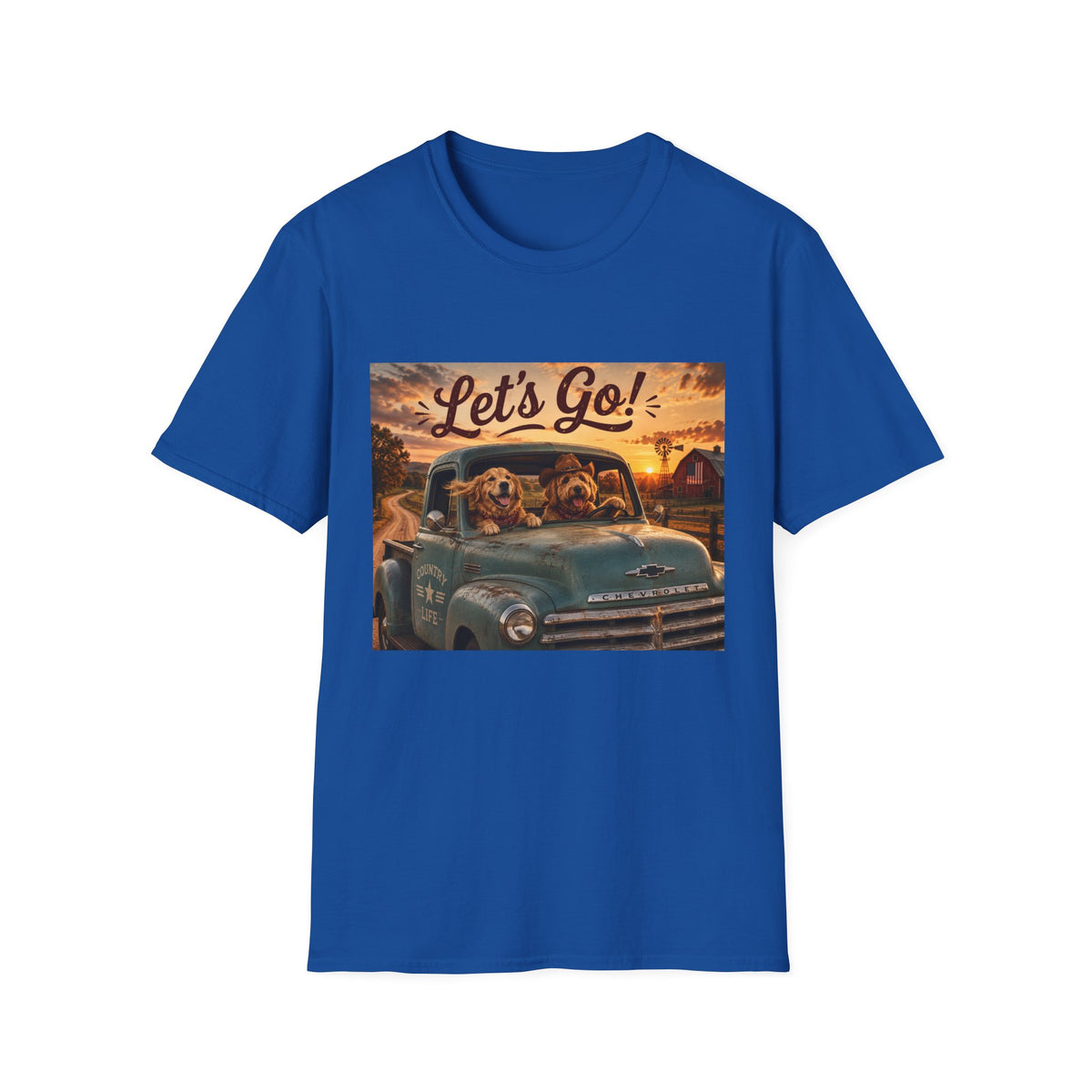 Let's Go! | Barn Buddies™ Country Roads T-Shirt | Funny Farm Dog Road Trip Shirt | Vintage Chevy Country Life Tee