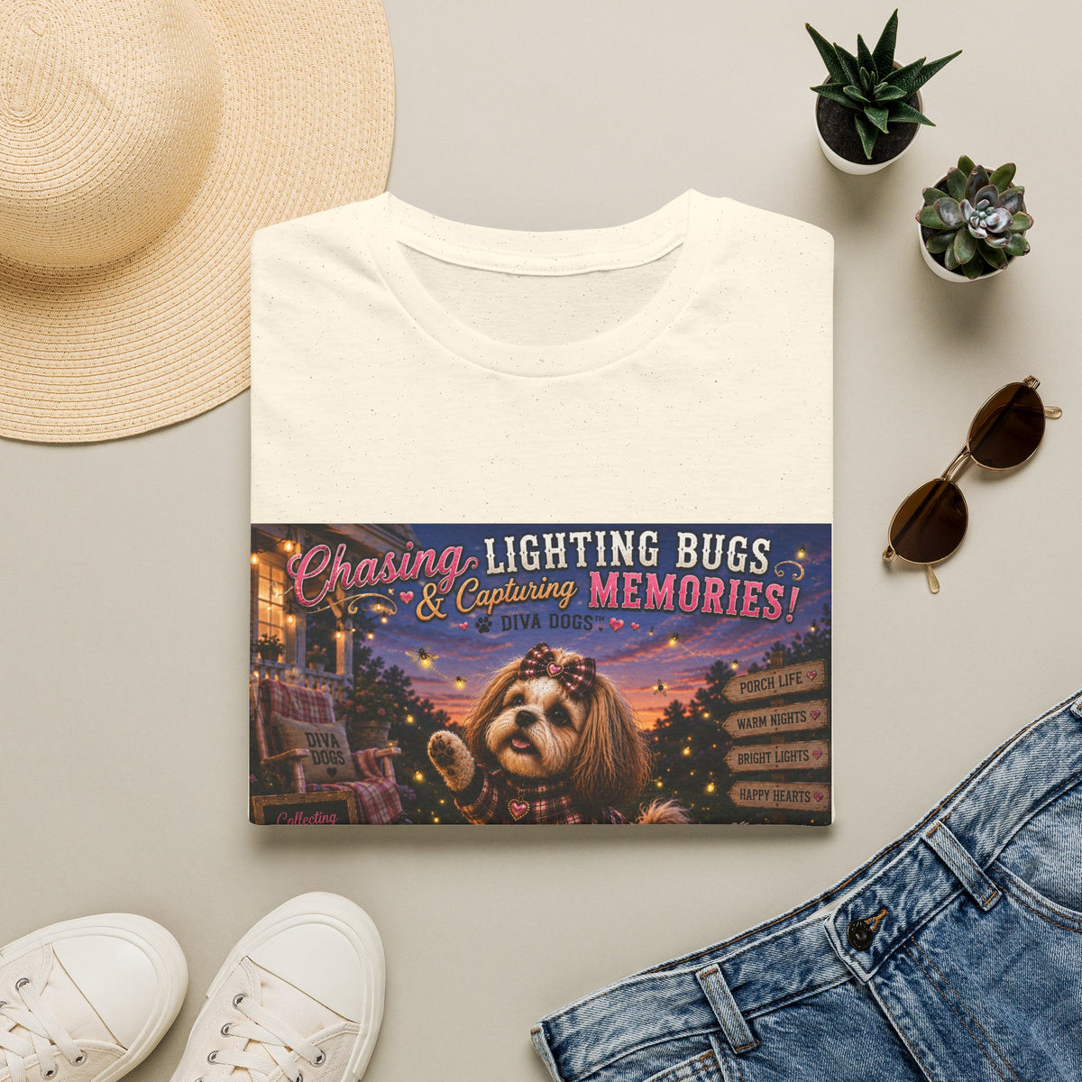 Chasing Lightning Bugs & Capturing Memories!™ | Diva Dogs™ | Cozy Fall Dog Lover T-Shirt | Porch Life Collection