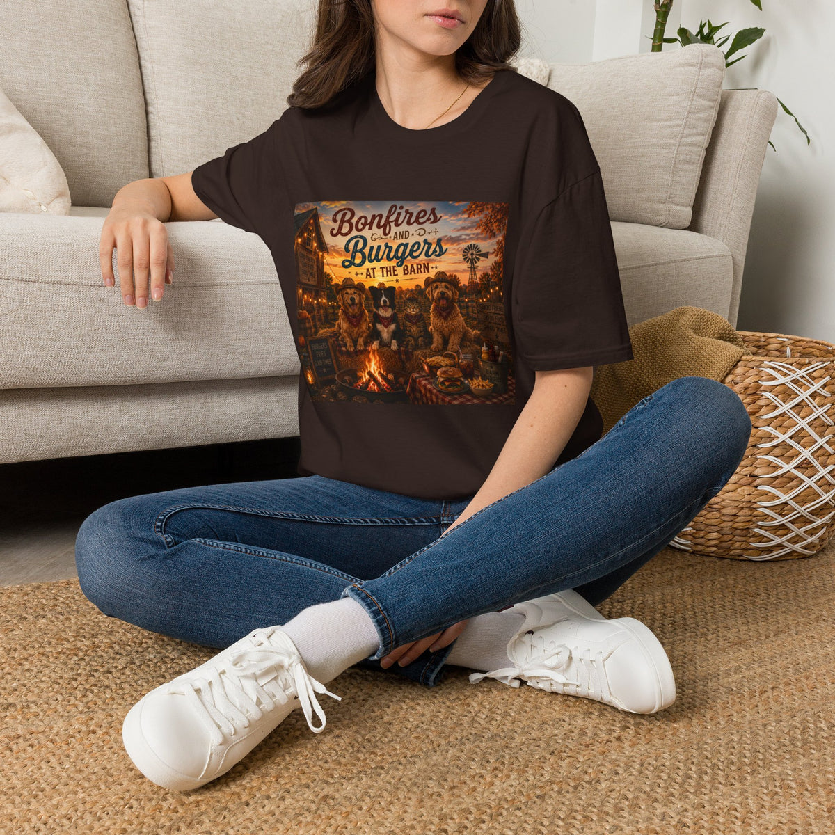Bonfires & Burgers at the Barn | Barn Buddies™ Fall T-Shirt | Funny Country Dog & Cat Autumn Shirt | Farmhouse Bonfire Tee