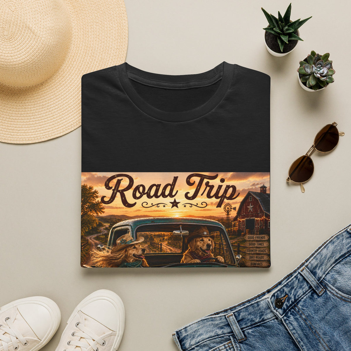 Road Trip | Barn Buddies™ Country Roads T-Shirt | Funny Cowboy Dog Fall Shirt | Vintage Farmhouse Country Life Tee