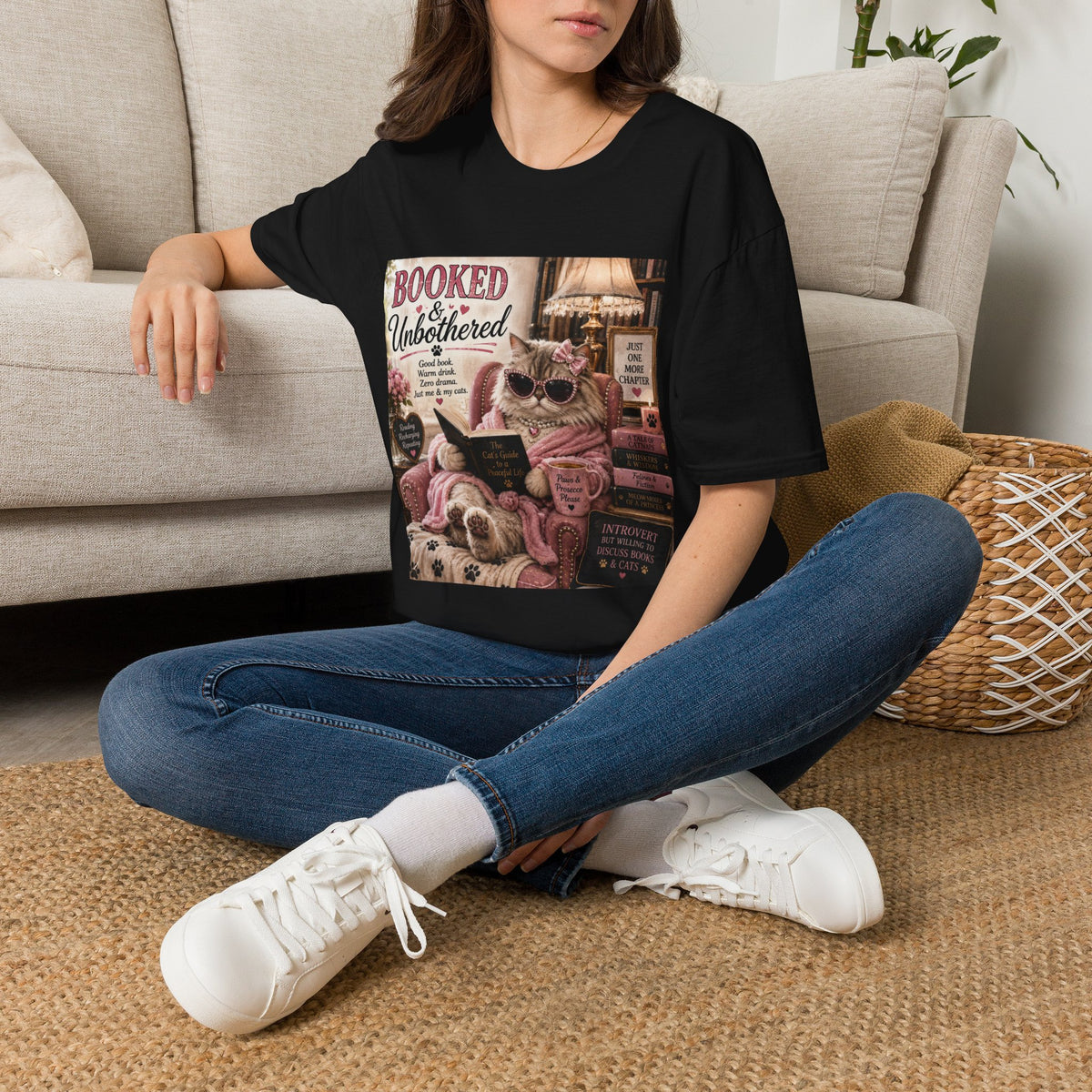 Booked & Unbothered | Classy Cats™ T-Shirt | Funny Reading Cat Shirt | Book Lover Gift | Cat Mom Tee | Cozy Reader Apparel
