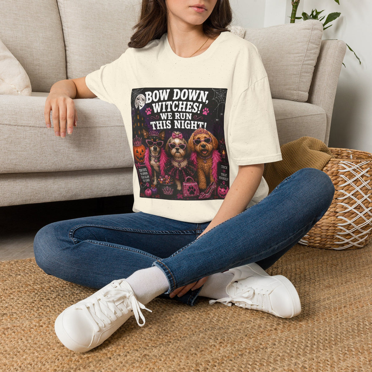 Funny Halloween Dog Shirt – Bow Down, Witches! We Run This Night! | Diva Dogs™ Halloween T-Shirt | Glam Dog Lover Tee | Dog Mom Gift
