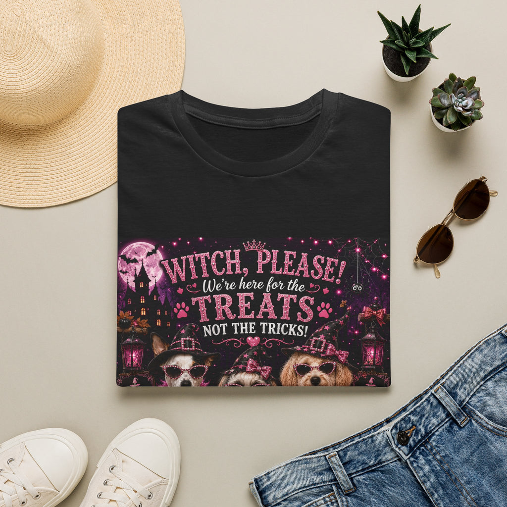 Funny Halloween Dog Shirt – Witch, Please! We're Here for the Treats, Not the Tricks! | Diva Dogs™ Halloween T-Shirt | Glam Dog Lover Tee | Dog Mom Gift