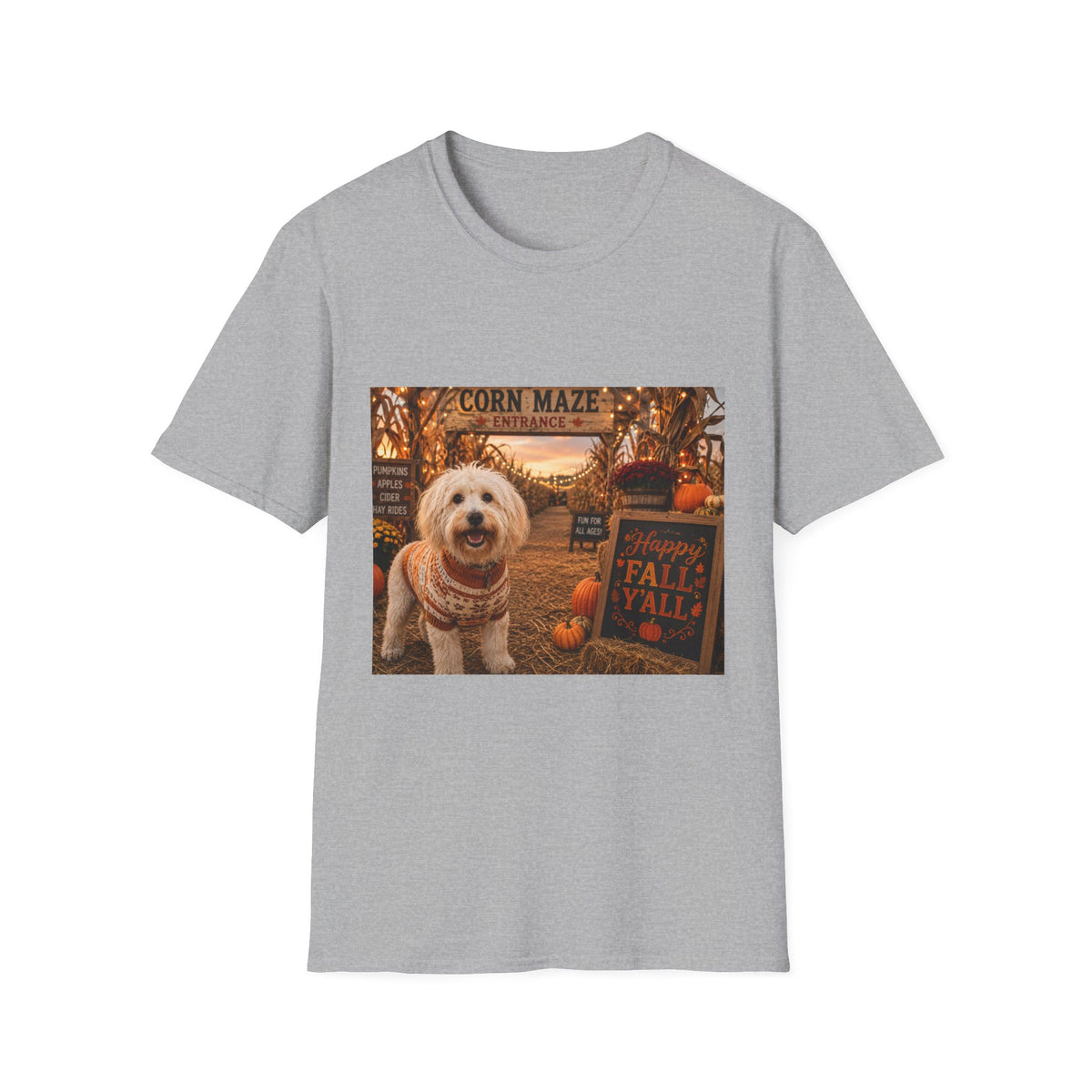 Happy Fall Y'all | Maddie's Corn Maze Adventure™ | Cozy Autumn Dog Lover T-Shirt | Fall Festival Shirt