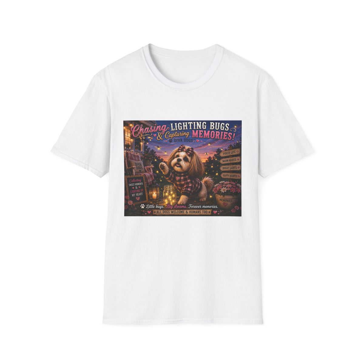 Chasing Lightning Bugs & Capturing Memories!™ | Diva Dogs™ | Cozy Fall Dog Lover T-Shirt | Porch Life Collection