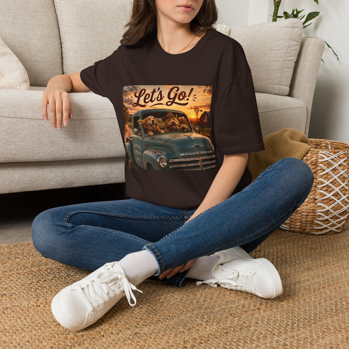 Let's Go! | Barn Buddies™ Country Roads T-Shirt | Funny Farm Dog Road Trip Shirt | Vintage Chevy Country Life Tee