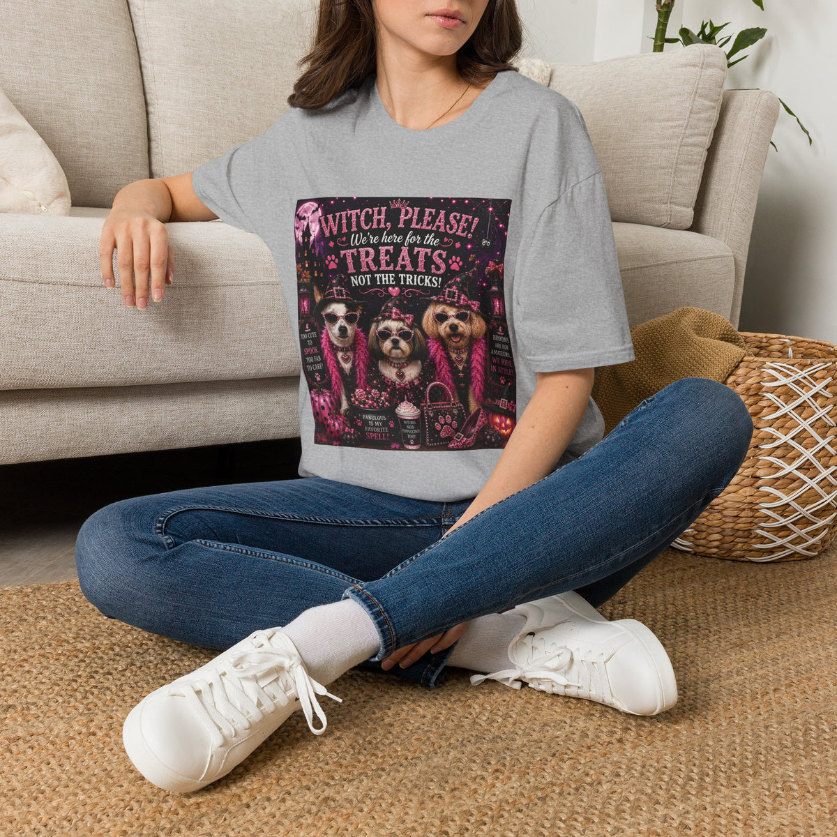Funny Halloween Dog Shirt – Witch, Please! We're Here for the Treats, Not the Tricks! | Diva Dogs™ Halloween T-Shirt | Glam Dog Lover Tee | Dog Mom Gift