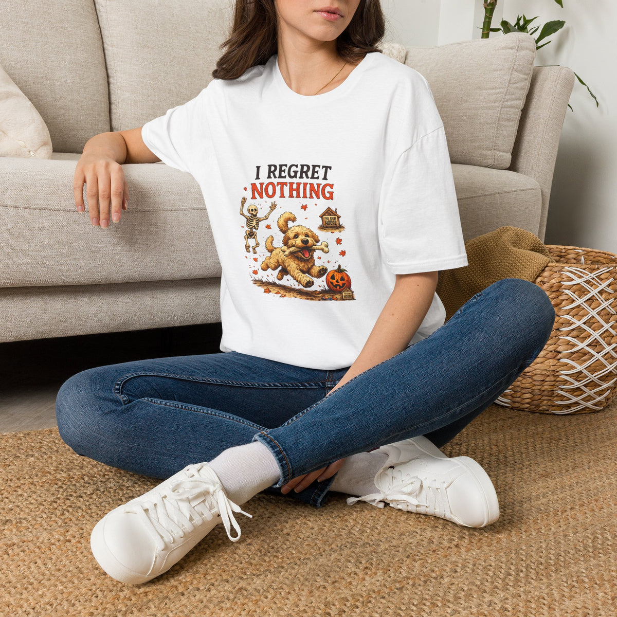 Funny Halloween Dog Shirt – I Regret Nothing | Skeleton Dog T-Shirt | Vintage Halloween Tee | Dog Lover Gift | Fall Graphic Tee