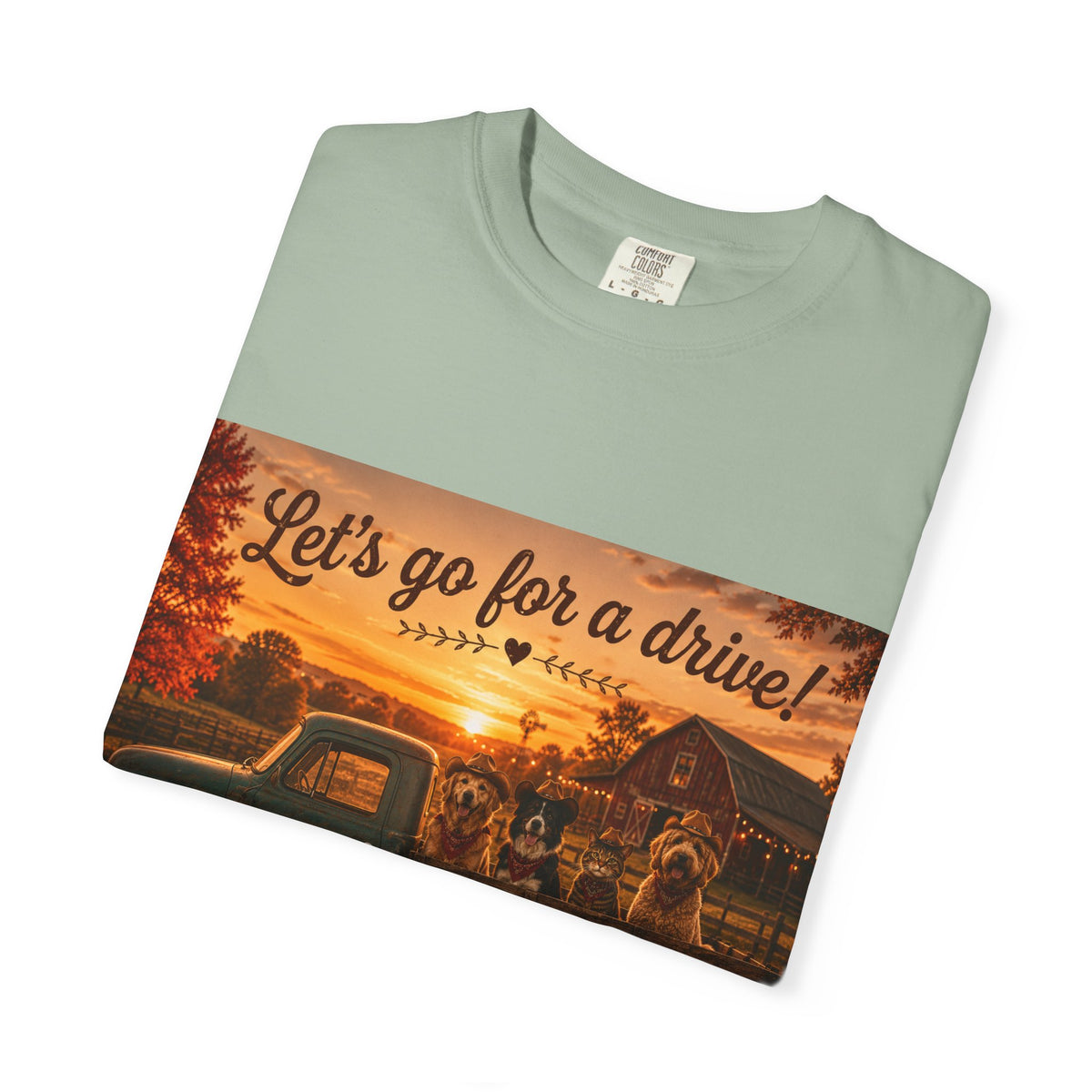 Let's Go for a Drive! | Barn Buddies™ Country Roads T-Shirt | Funny Dog & Cat Fall Shirt | Vintage Farmhouse Autumn Tee