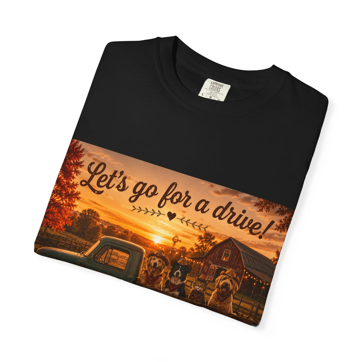 Let's Go for a Drive! | Barn Buddies™ Country Roads T-Shirt | Funny Dog & Cat Fall Shirt | Vintage Farmhouse Autumn Tee