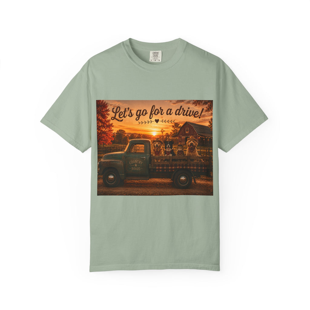 Let's Go for a Drive! | Barn Buddies™ Country Roads T-Shirt | Funny Dog & Cat Fall Shirt | Vintage Farmhouse Autumn Tee