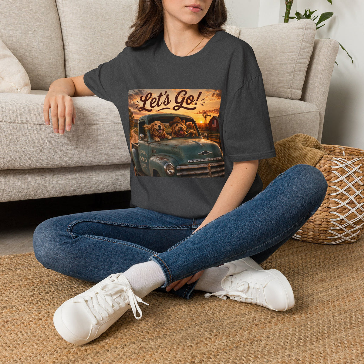 Let's Go! | Barn Buddies™ Country Roads T-Shirt | Funny Farm Dog Road Trip Shirt | Vintage Chevy Country Life Tee