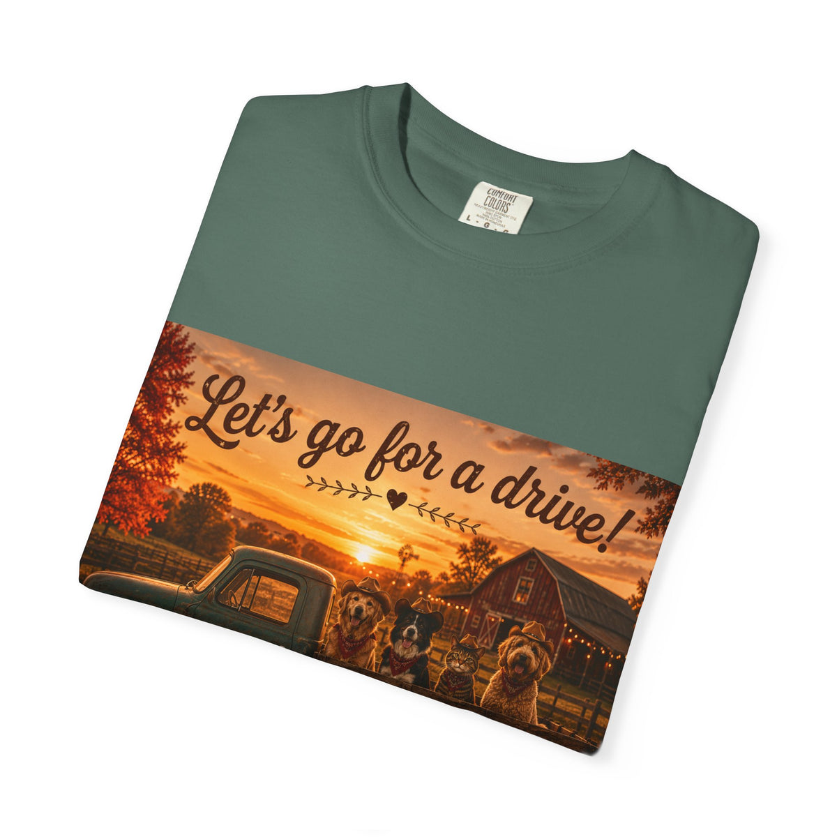 Let's Go for a Drive! | Barn Buddies™ Country Roads T-Shirt | Funny Dog & Cat Fall Shirt | Vintage Farmhouse Autumn Tee