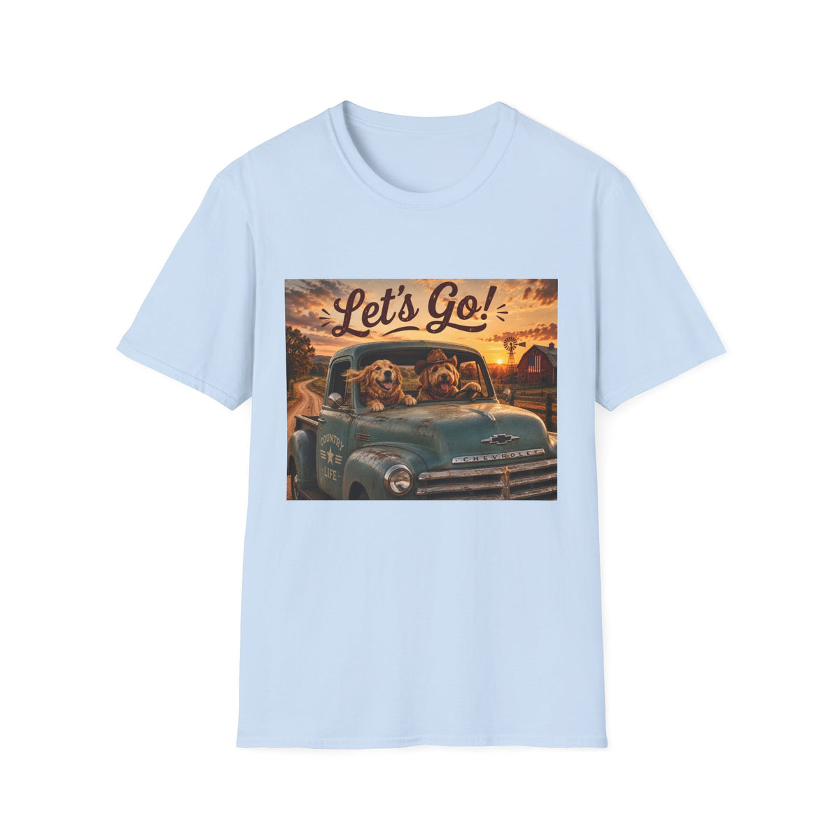 Let's Go! | Barn Buddies™ Country Roads T-Shirt | Funny Farm Dog Road Trip Shirt | Vintage Chevy Country Life Tee