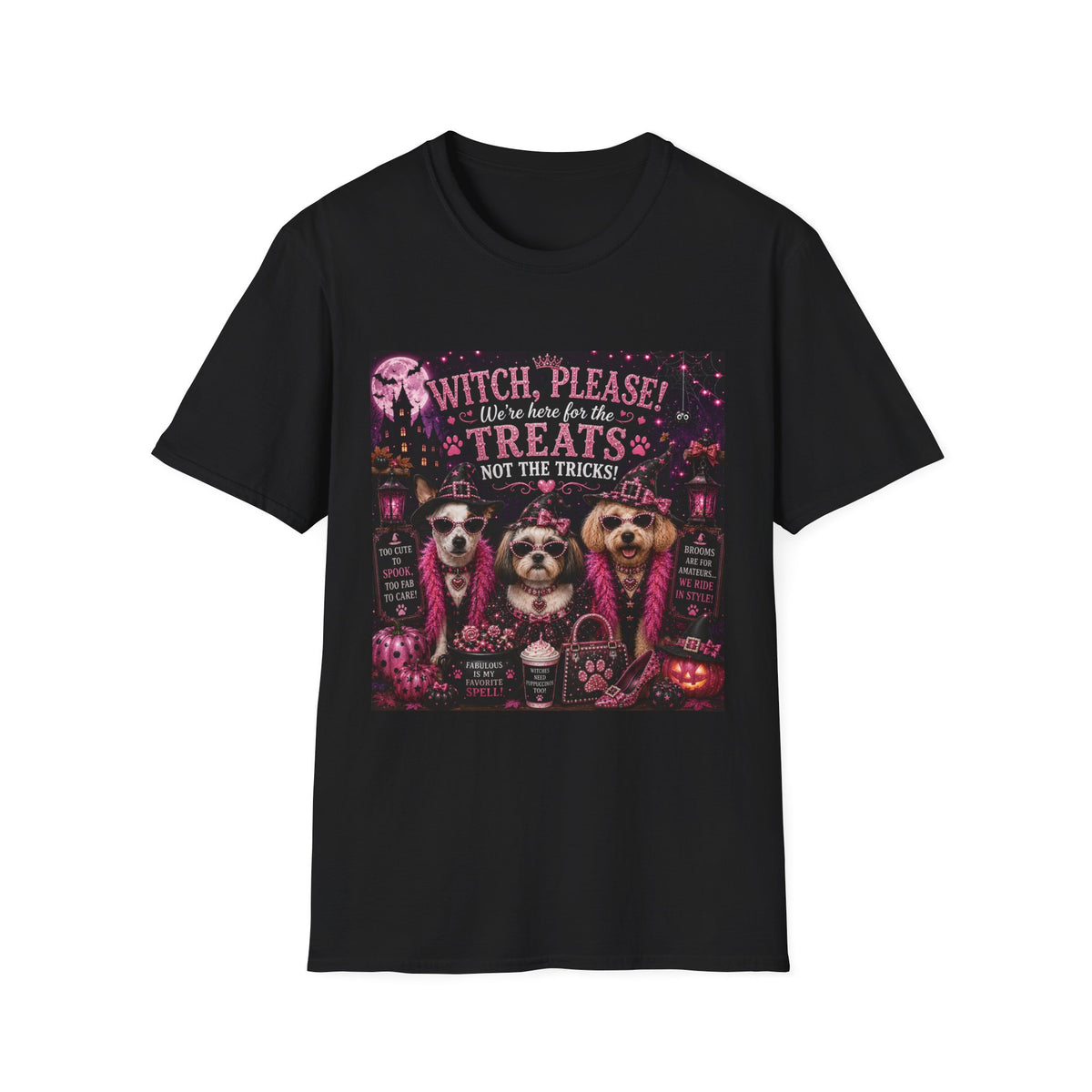 Funny Halloween Dog Shirt – Witch, Please! We're Here for the Treats, Not the Tricks! | Diva Dogs™ Halloween T-Shirt | Glam Dog Lover Tee | Dog Mom Gift