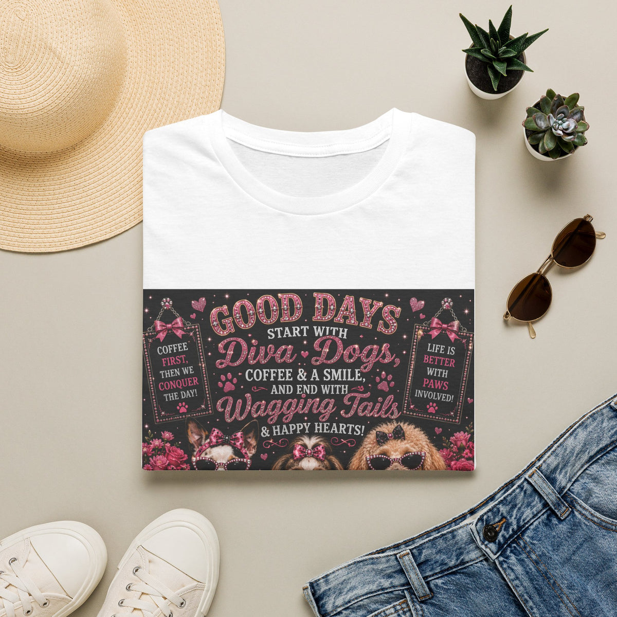 Good Days Start with Diva Dogs, Coffee & a Smile! | Diva Dogs™ Coffee Lover T-Shirt | Cute Dog Mom Shirt | Glam Dog Lover Tee | Everyday Pet Gift