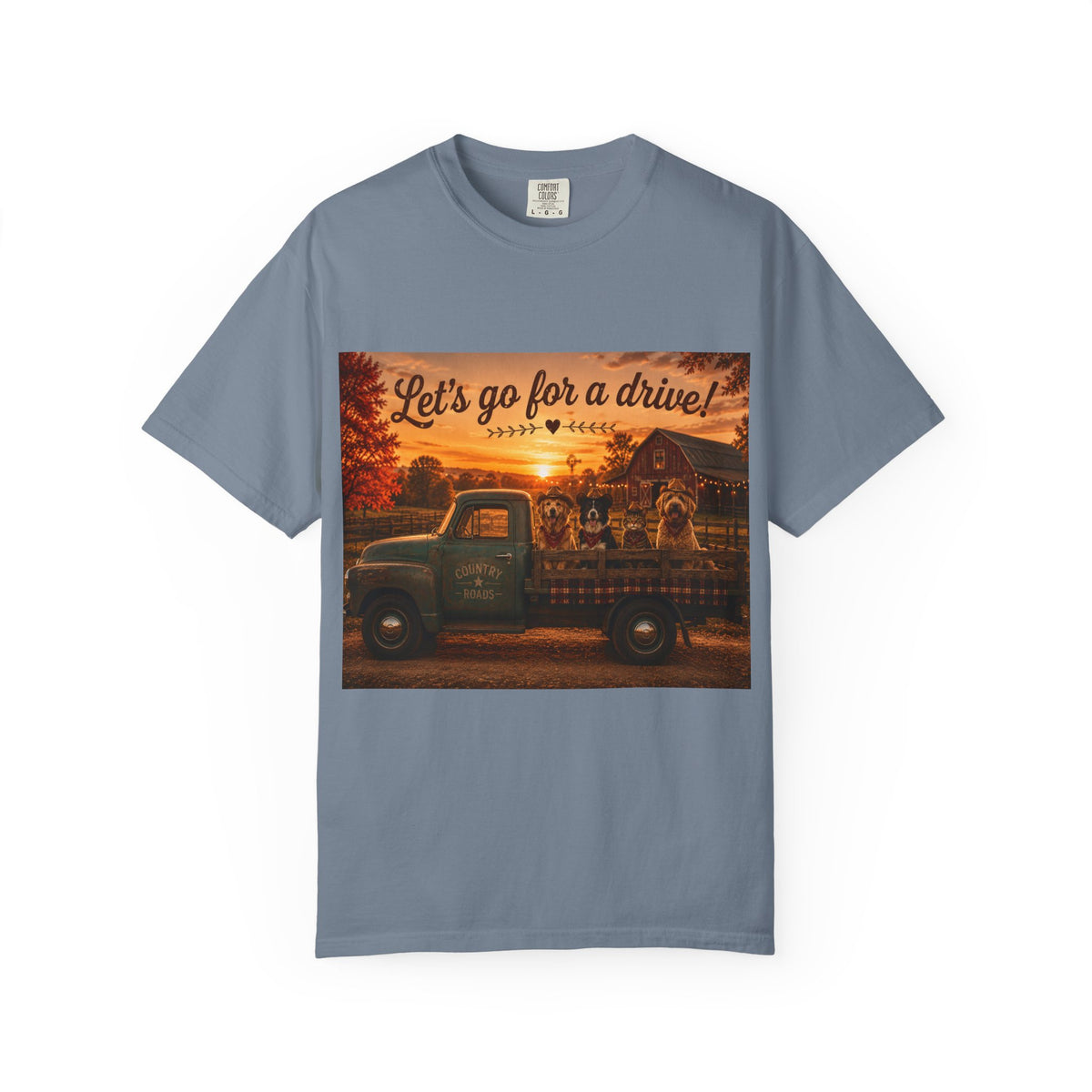 Let's Go for a Drive! | Barn Buddies™ Country Roads T-Shirt | Funny Dog & Cat Fall Shirt | Vintage Farmhouse Autumn Tee