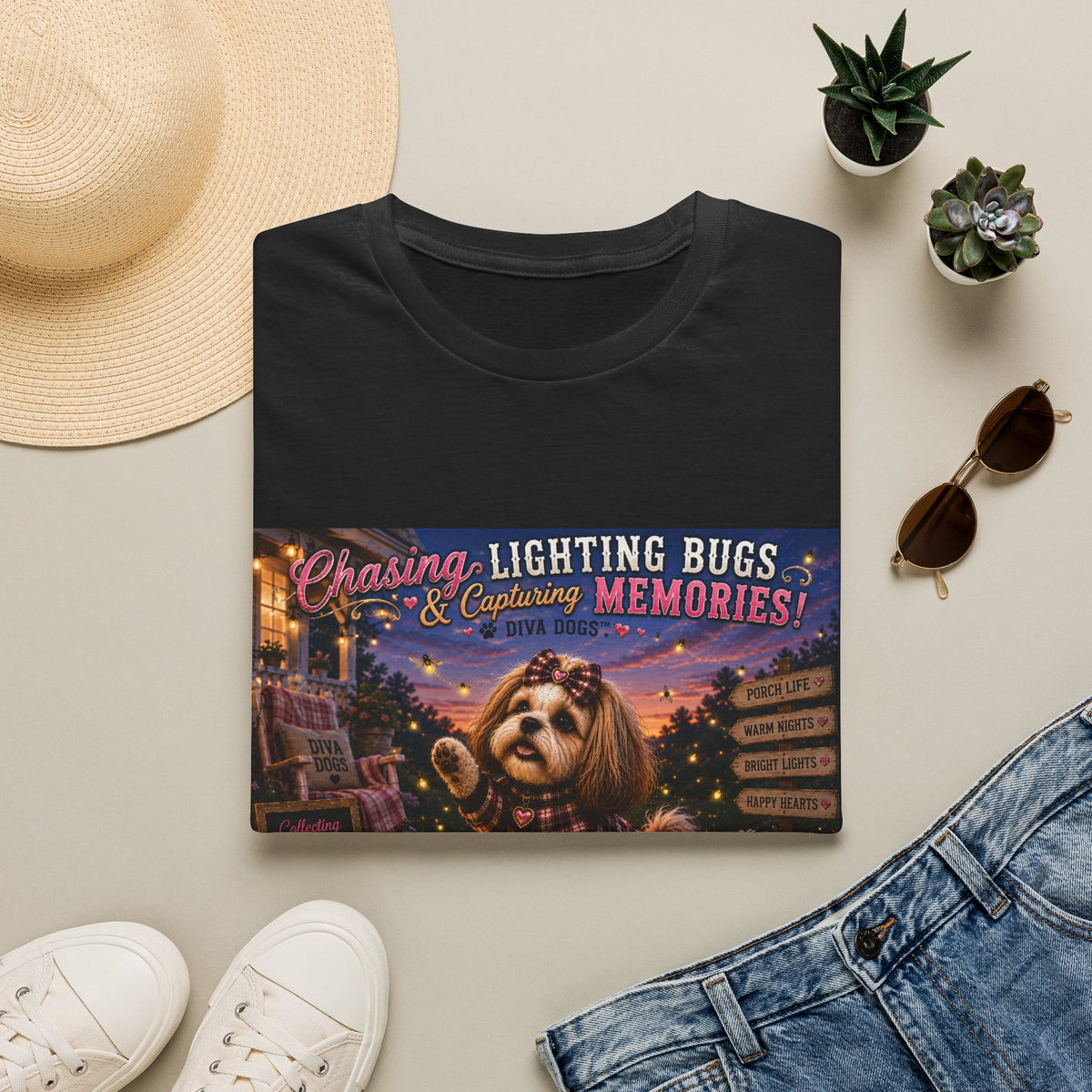 Chasing Lightning Bugs & Capturing Memories!™ | Diva Dogs™ | Cozy Fall Dog Lover T-Shirt | Porch Life Collection