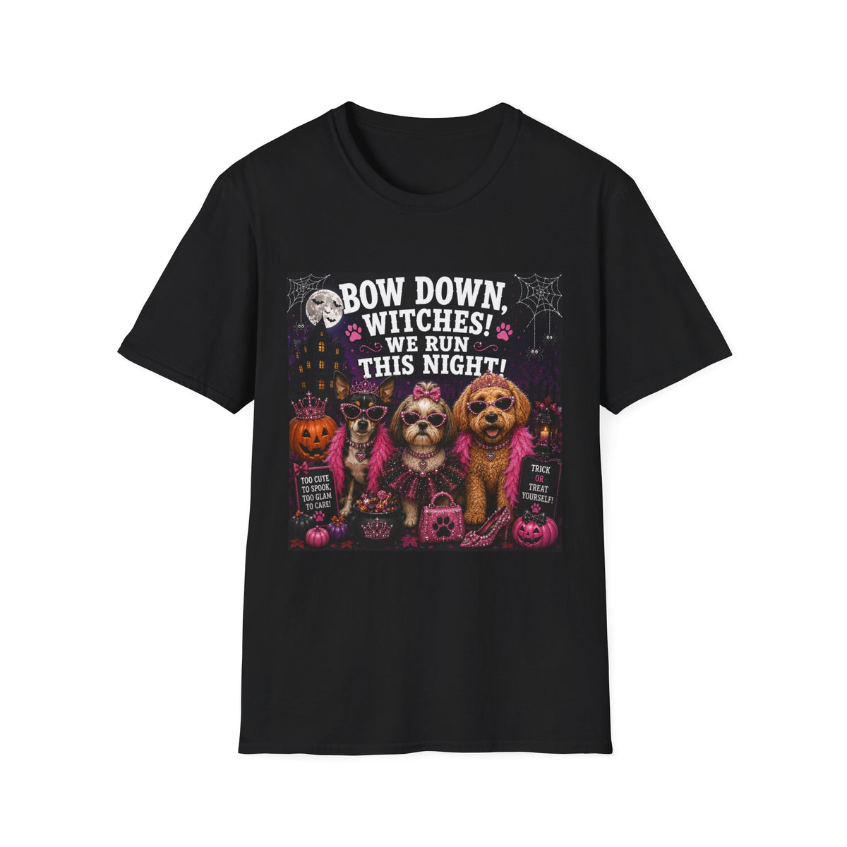 Funny Halloween Dog Shirt – Bow Down, Witches! We Run This Night! | Diva Dogs™ Halloween T-Shirt | Glam Dog Lover Tee | Dog Mom Gift