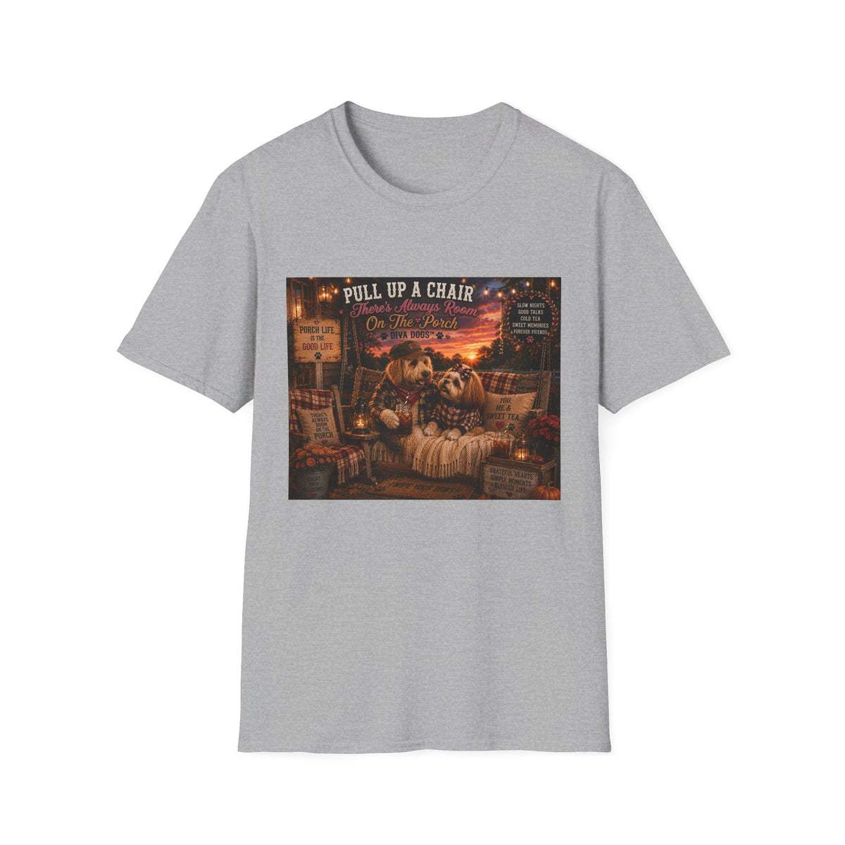Pull up a chair™ | Porch Dogs™ Collection | Cozy Country Dog Lover T-Shirt