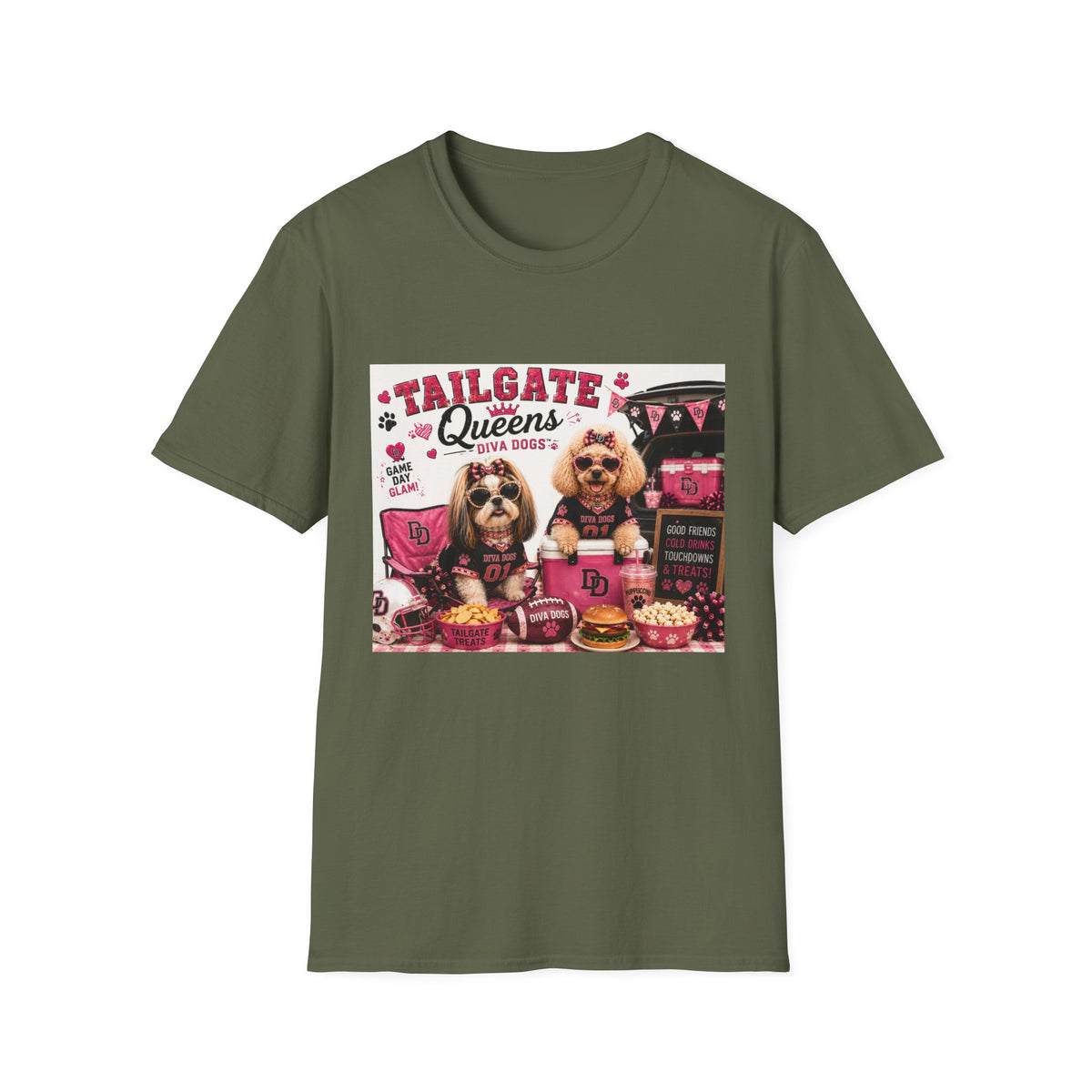Tailgate Queens™ | Diva Dogs™ | Football Game Day Dog Lover T-Shirt | Glam Tailgate Party Tee