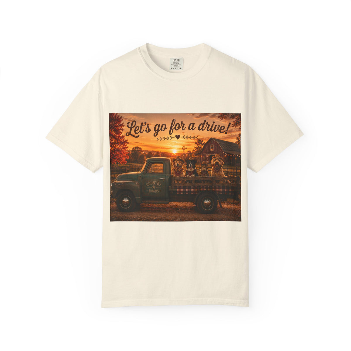 Let's Go for a Drive! | Barn Buddies™ Country Roads T-Shirt | Funny Dog & Cat Fall Shirt | Vintage Farmhouse Autumn Tee