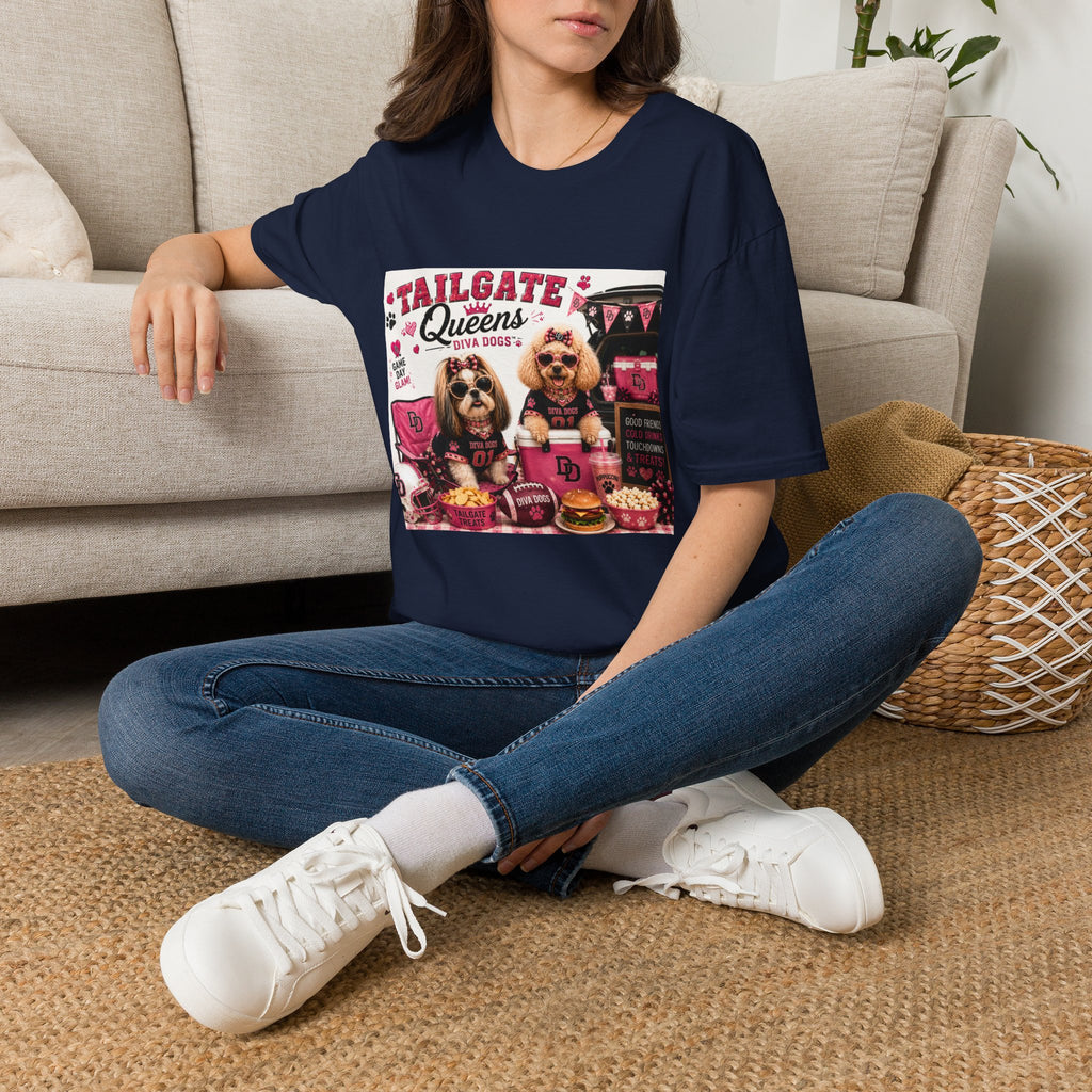Tailgate Queens™ | Diva Dogs™ | Football Game Day Dog Lover T-Shirt | Glam Tailgate Party Tee