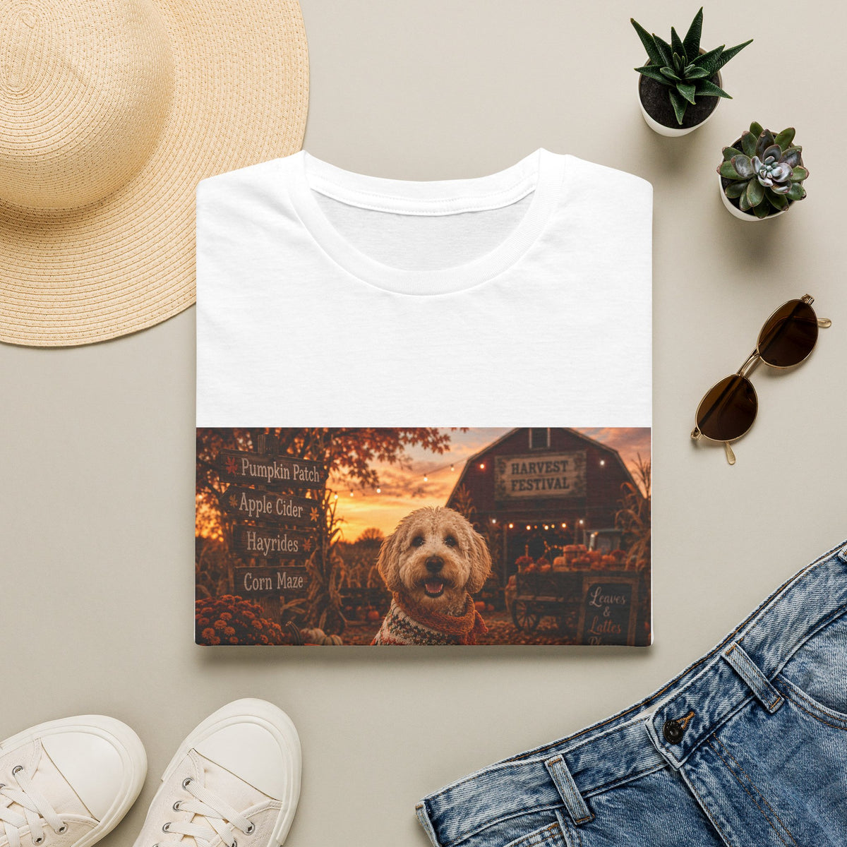 Leaves & Lattes Please | Maddie's Harvest Festival™ | Cozy Fall Dog Lover T-Shirt | Autumn Farmhouse Shirt