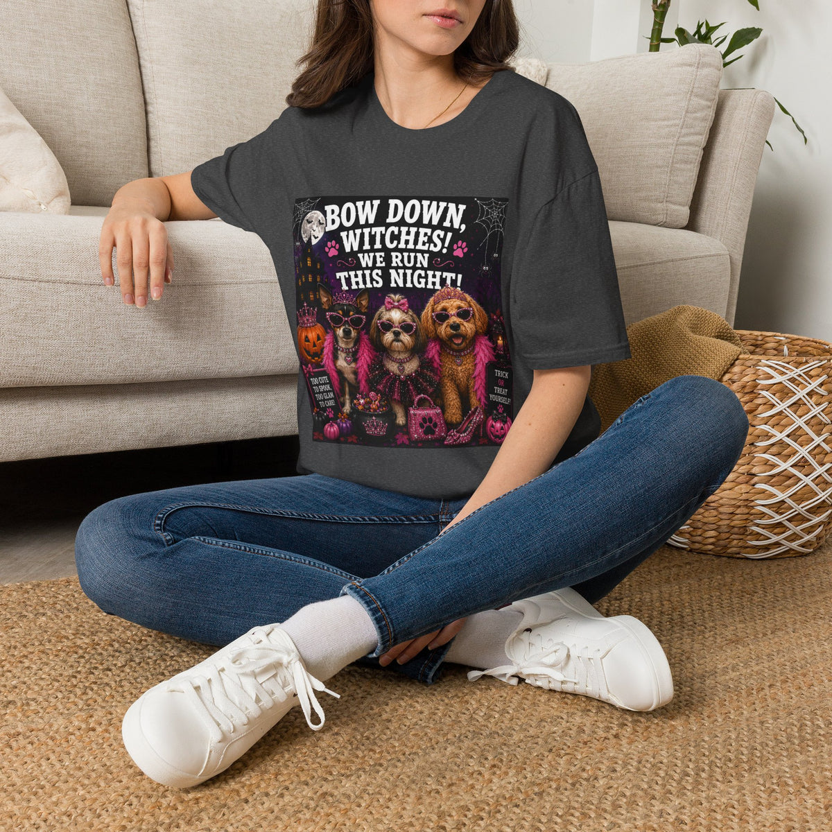 Funny Halloween Dog Shirt – Bow Down, Witches! We Run This Night! | Diva Dogs™ Halloween T-Shirt | Glam Dog Lover Tee | Dog Mom Gift