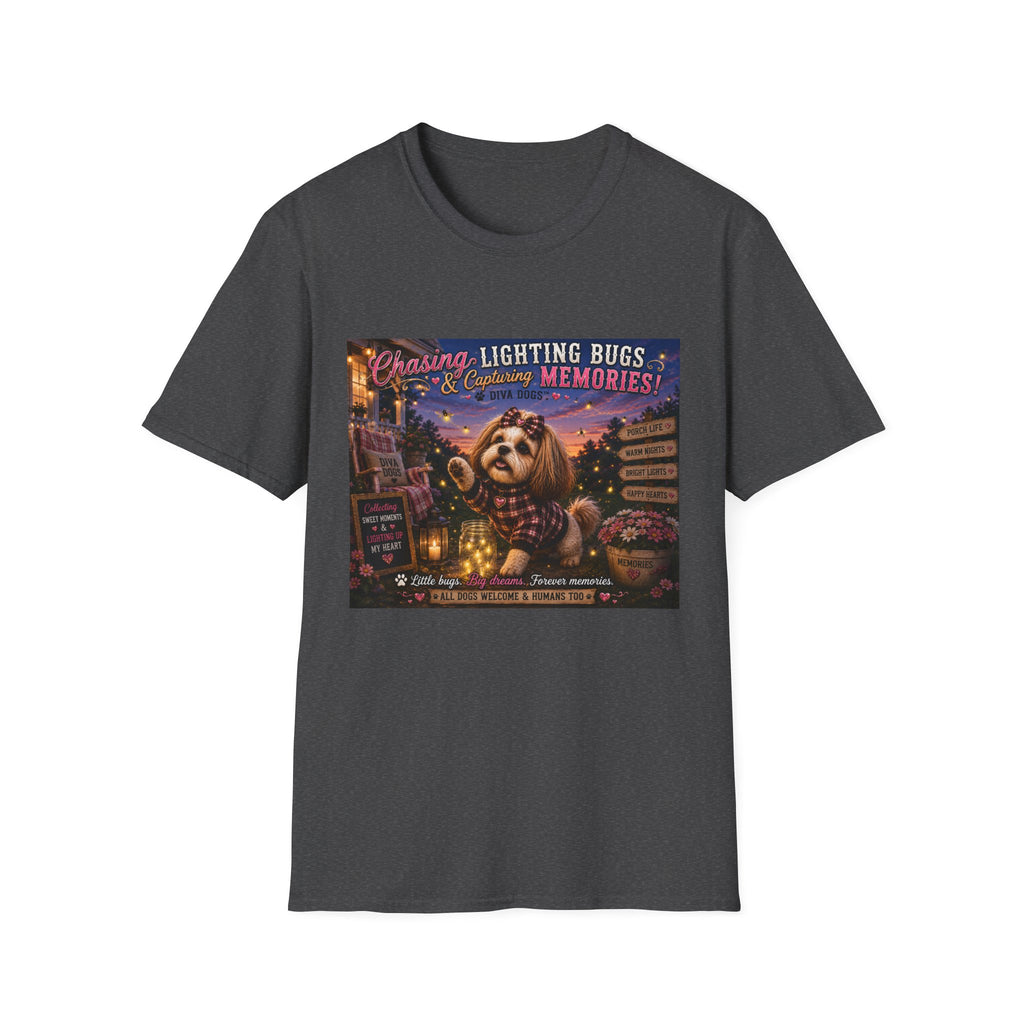 Chasing Lightning Bugs & Capturing Memories!™ | Diva Dogs™ | Cozy Fall Dog Lover T-Shirt | Porch Life Collection