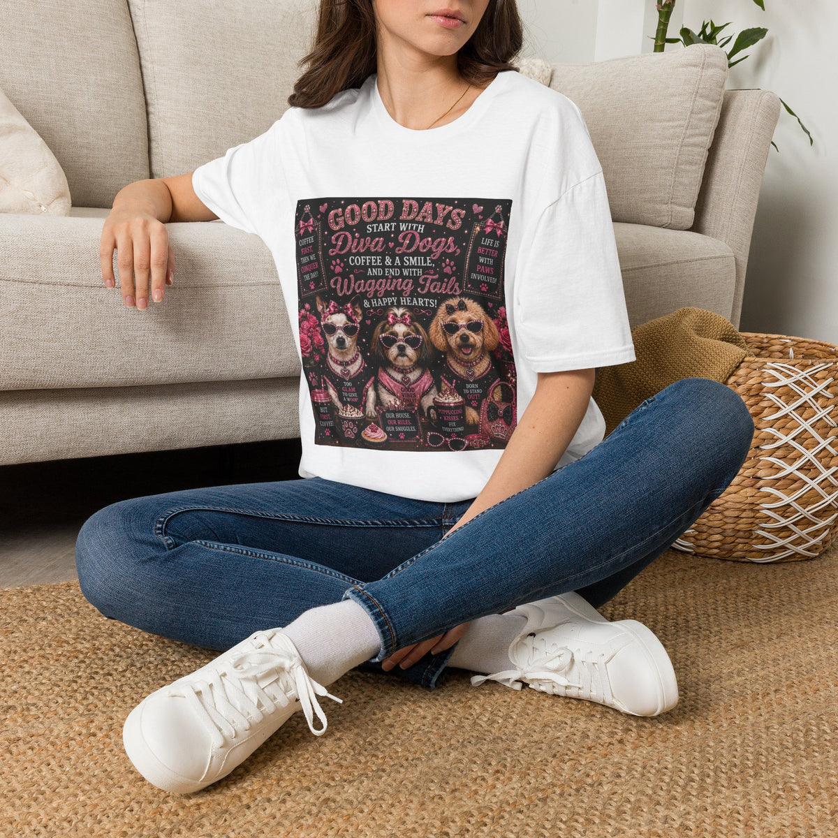 Good Days Start with Diva Dogs, Coffee & a Smile! | Diva Dogs™ Coffee Lover T-Shirt | Cute Dog Mom Shirt | Glam Dog Lover Tee | Everyday Pet Gift