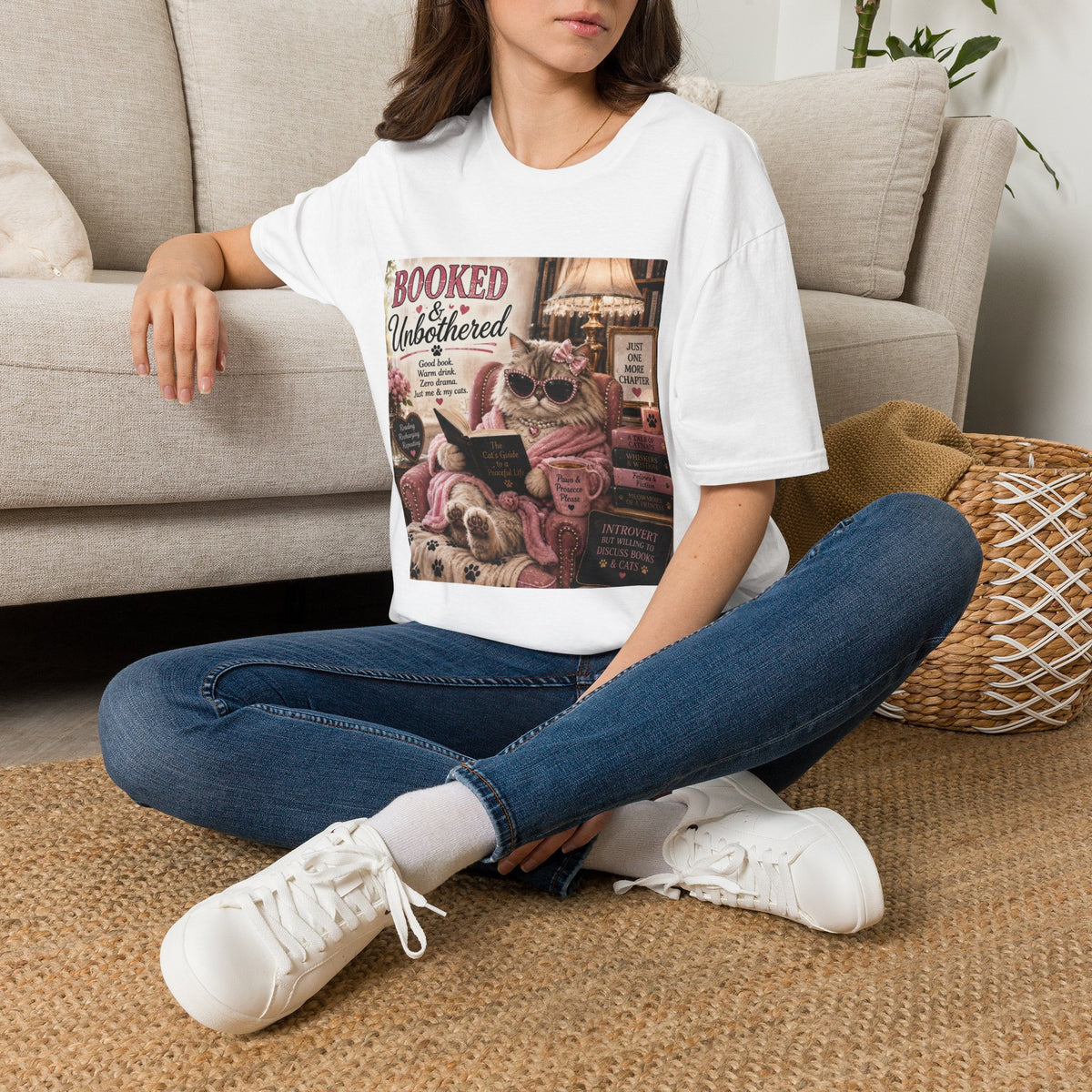 Booked & Unbothered | Classy Cats™ T-Shirt | Funny Reading Cat Shirt | Book Lover Gift | Cat Mom Tee | Cozy Reader Apparel