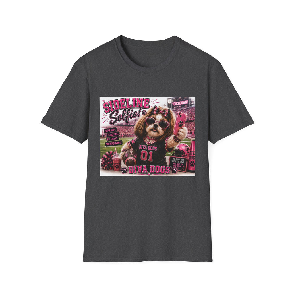 Sideline Selfie!™ | Diva Dogs™ | Funny Football Dog Lover T-Shirt | Glam Game Day Selfie Tee