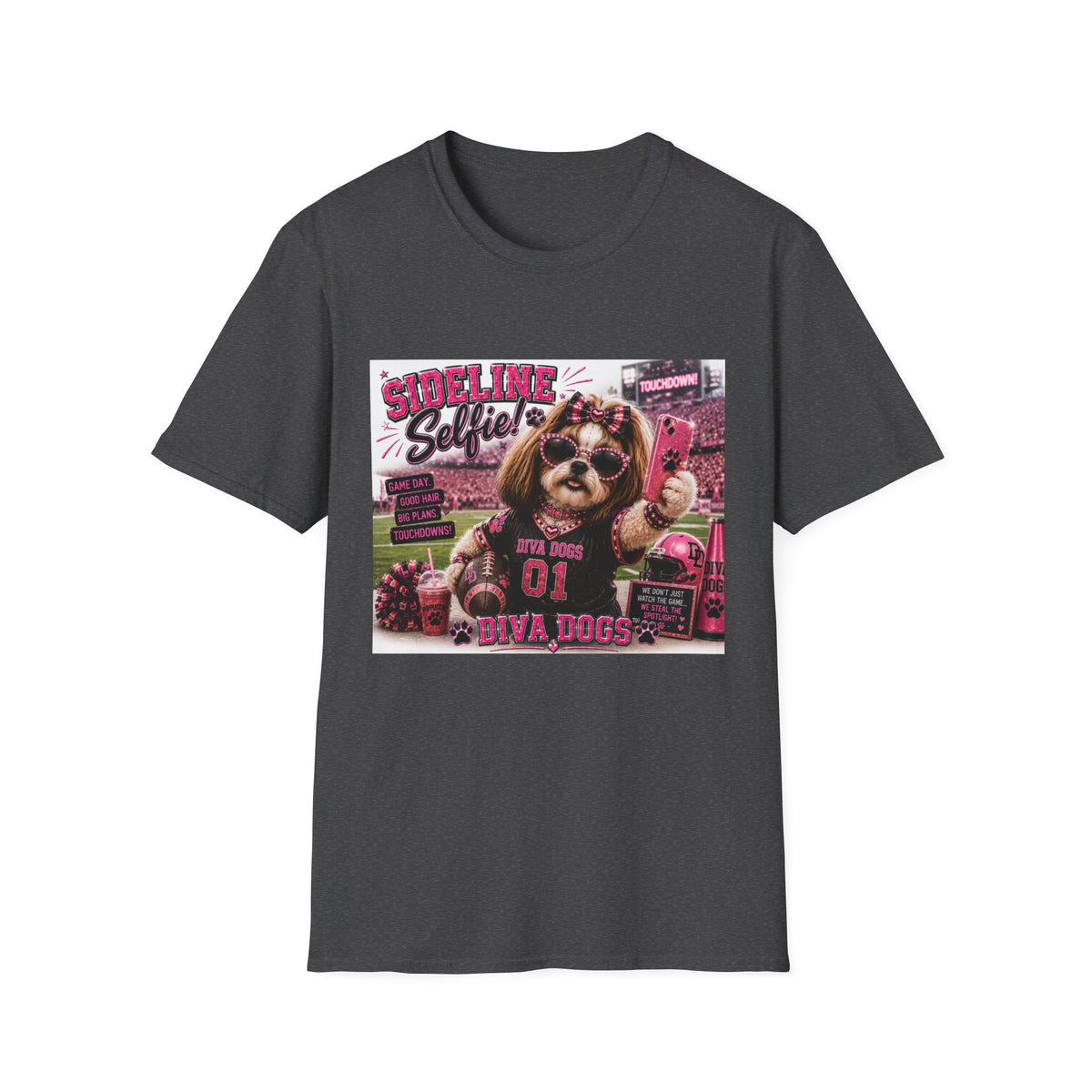 Sideline Selfie!™ | Diva Dogs™ | Funny Football Dog Lover T-Shirt | Glam Game Day Selfie Tee