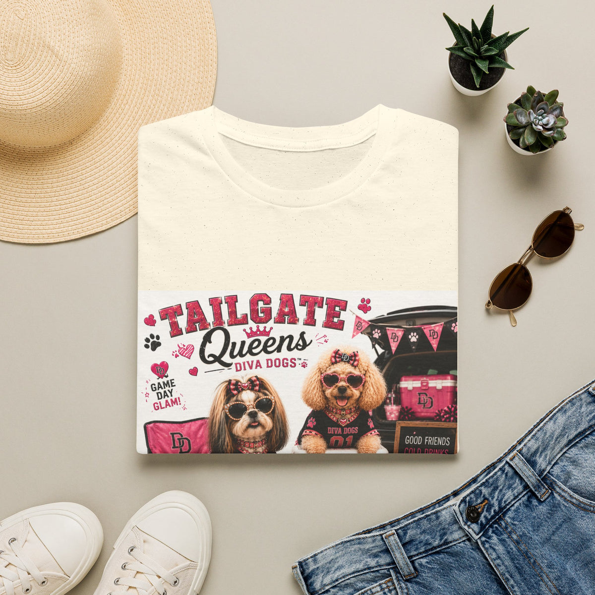 Tailgate Queens™ | Diva Dogs™ | Football Game Day Dog Lover T-Shirt | Glam Tailgate Party Tee